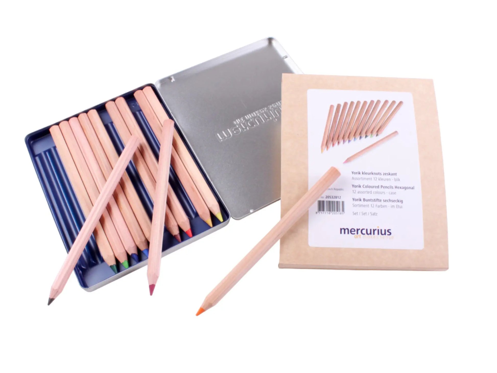 Set of yorik colored pencils in a metal tin and box with 'mercurius' branding on a white background