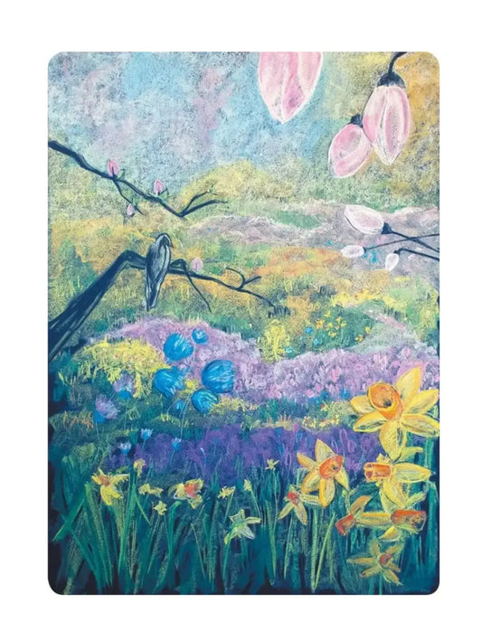 Colorful painting of a garden scene with flowers and birds.