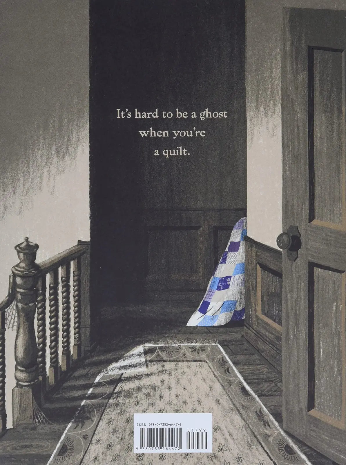 Illustration of a room with a quilt ghost 'It's hard to be a ghost when you're a quilt.'