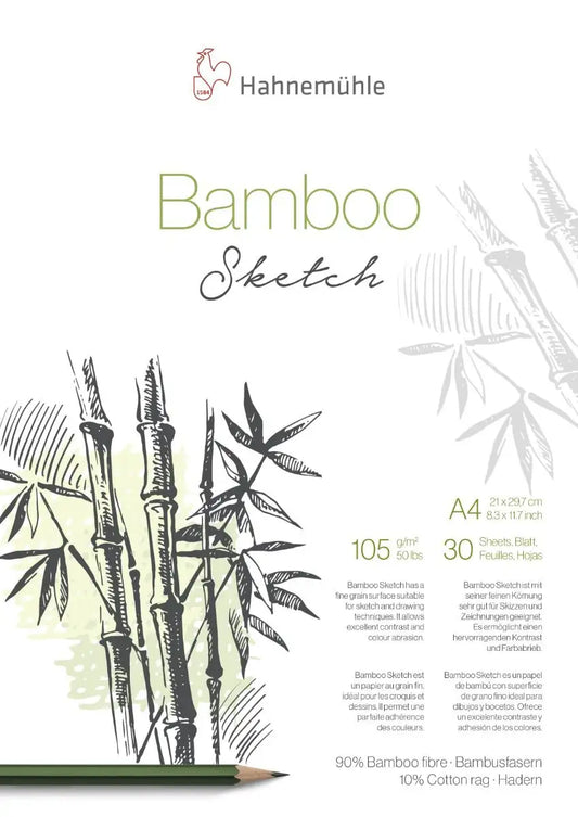 Hahnemuhle Bamboo Sketch paper pad with bamboo illustration and pencil on a white background