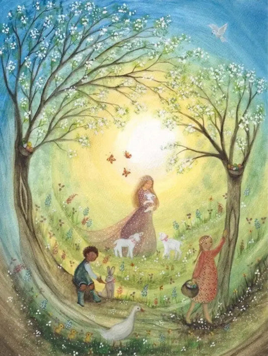 Illustration of children and animals in a garden with trees and butterflies