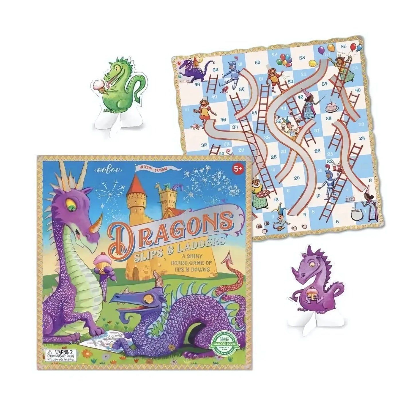 Kids board game Dragons Slips & Ladders box cover with two purple dragons and a castle next to the game board and dragon play pieces
