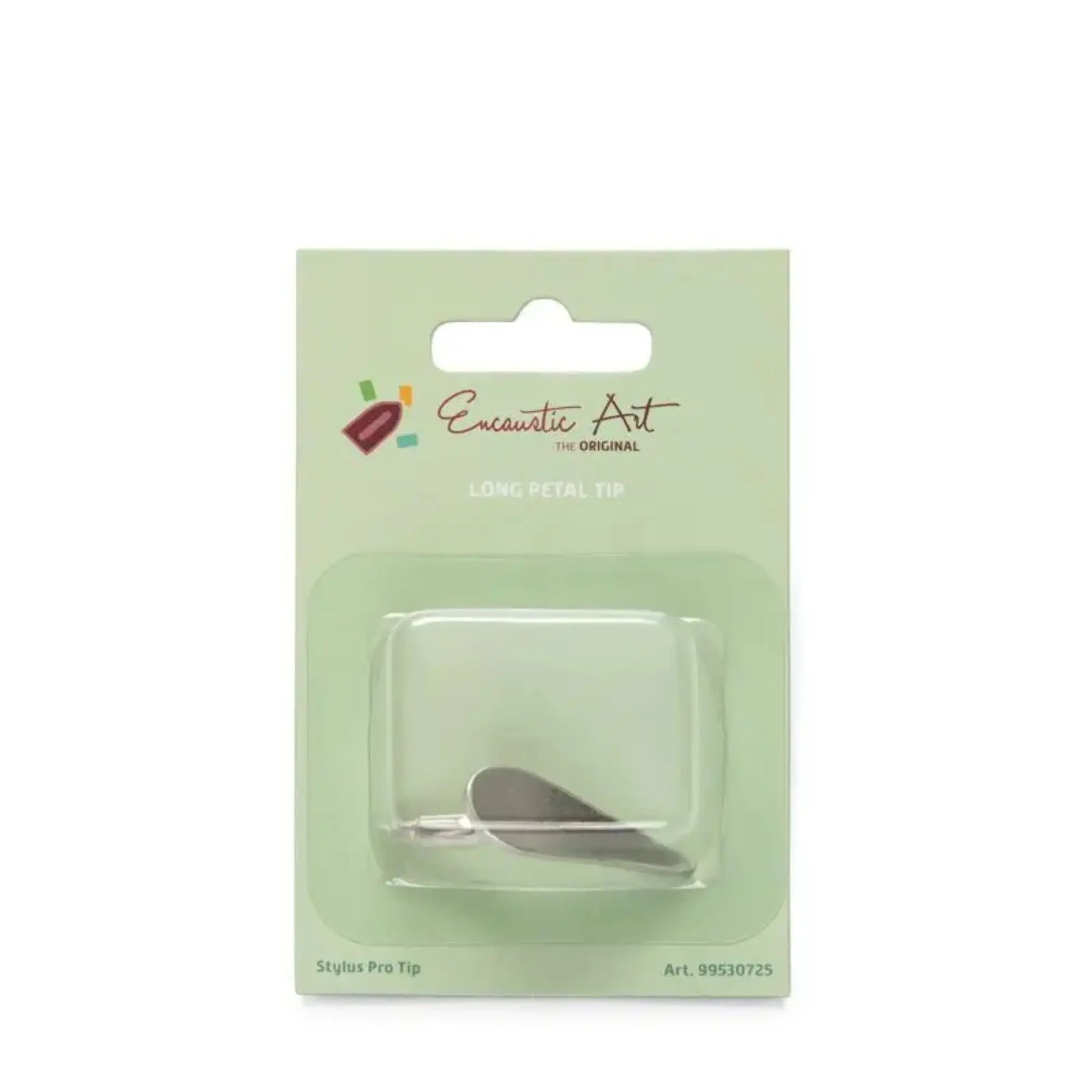 Metal Encuastic Art Tip called a Long Petal Tip for the Stylus Pro on it's side inside a clear retail package with mint green backing