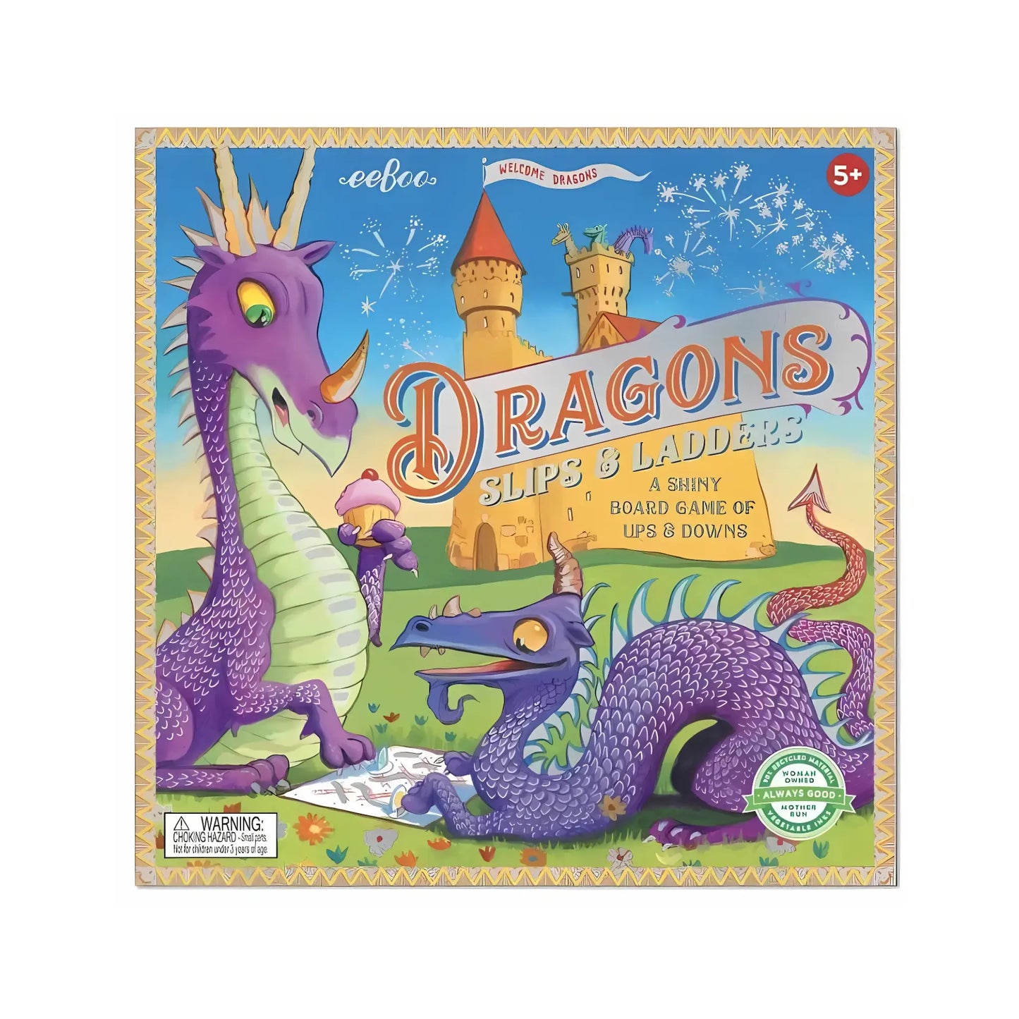 Kids board game Dragons Slips & Ladders box cover with two purple dragons and a castle on a white background