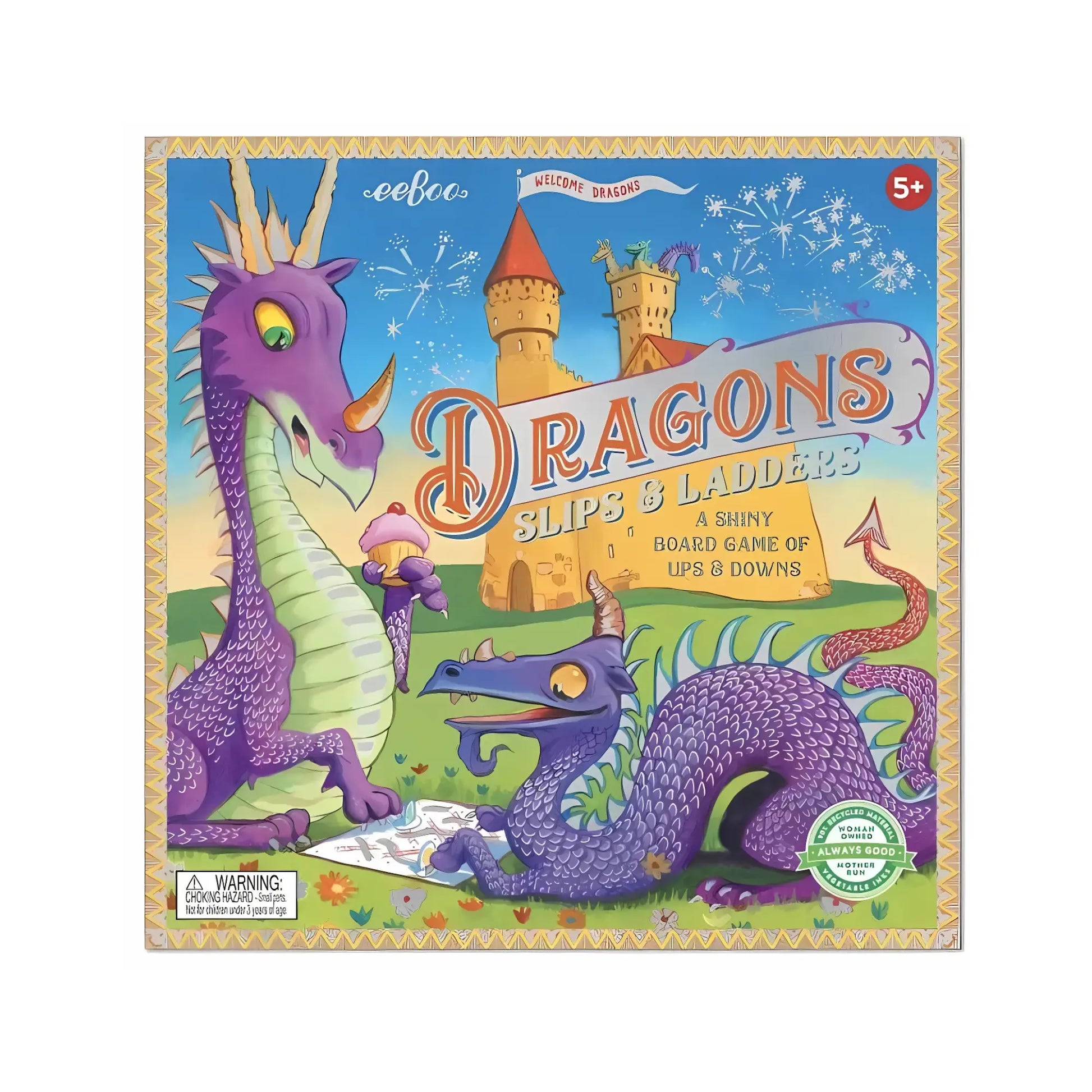 Kids board game Dragons Slips & Ladders box cover with two purple dragons and a castle on a white background
