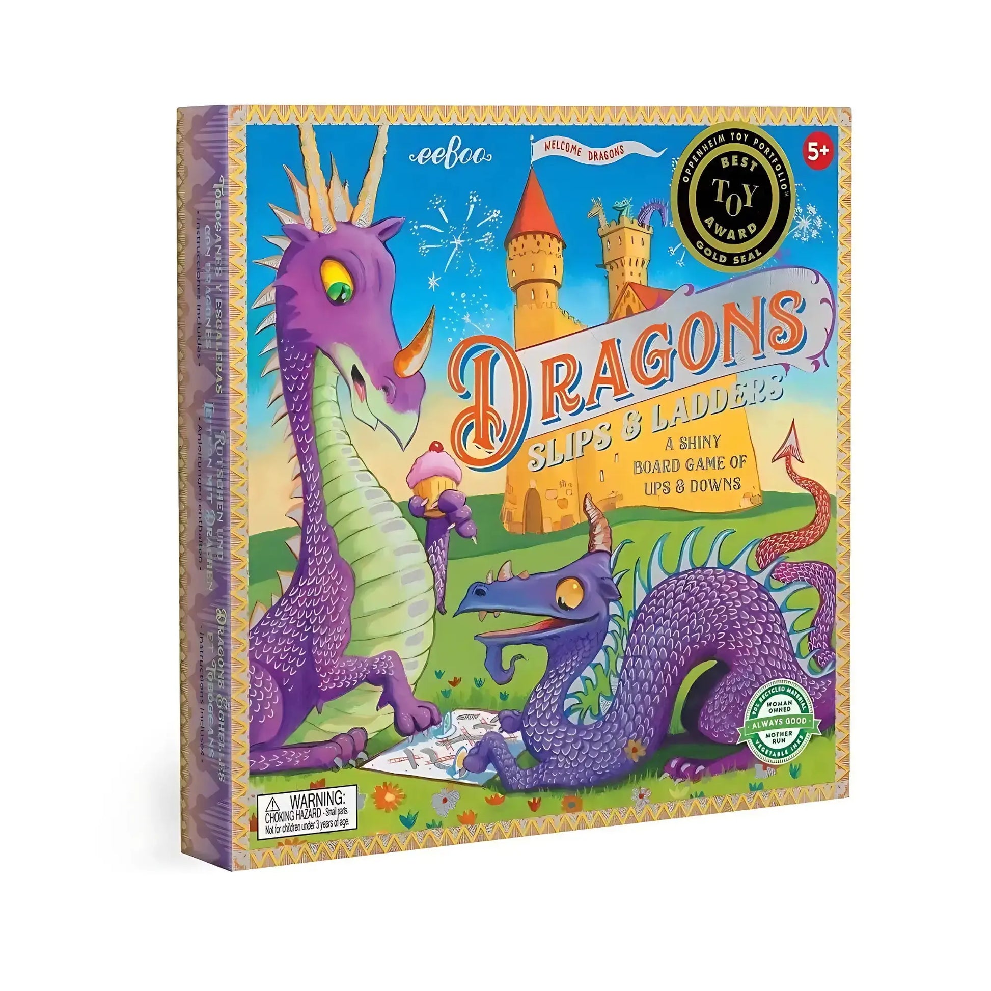 Kids board game Dragons Slips & Ladders box cover with two purple dragons and a castle on a white background