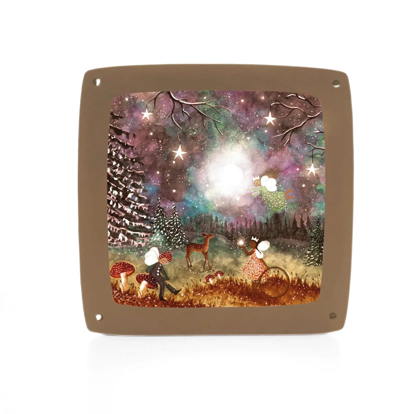 Decorative lamp plate frame with a fairy forest scene featuring a deer, mushrooms, and fairies.