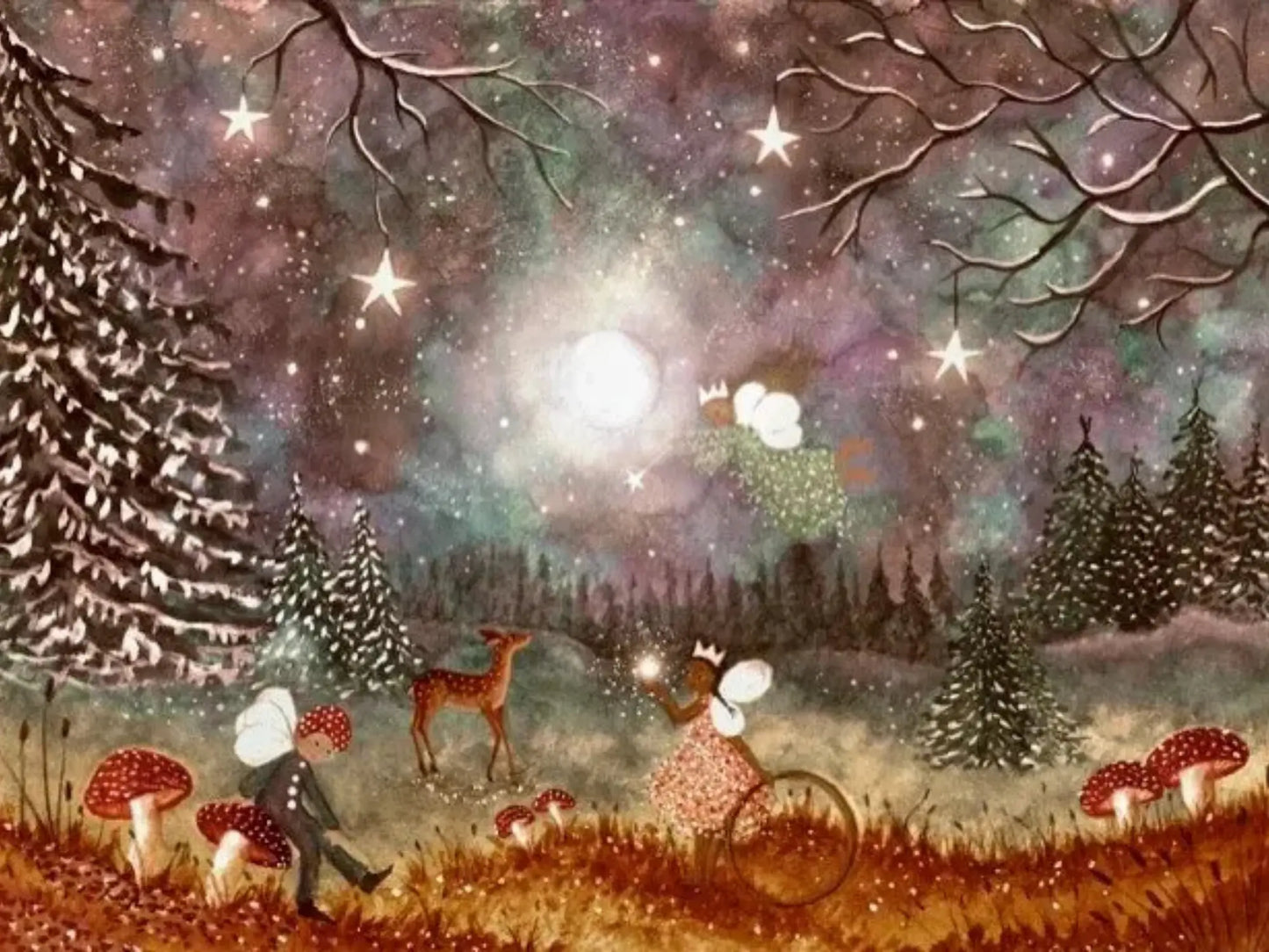 Forest woodland scene with three fairies, deer, mushrooms, and snow capped fir trees on a starry night