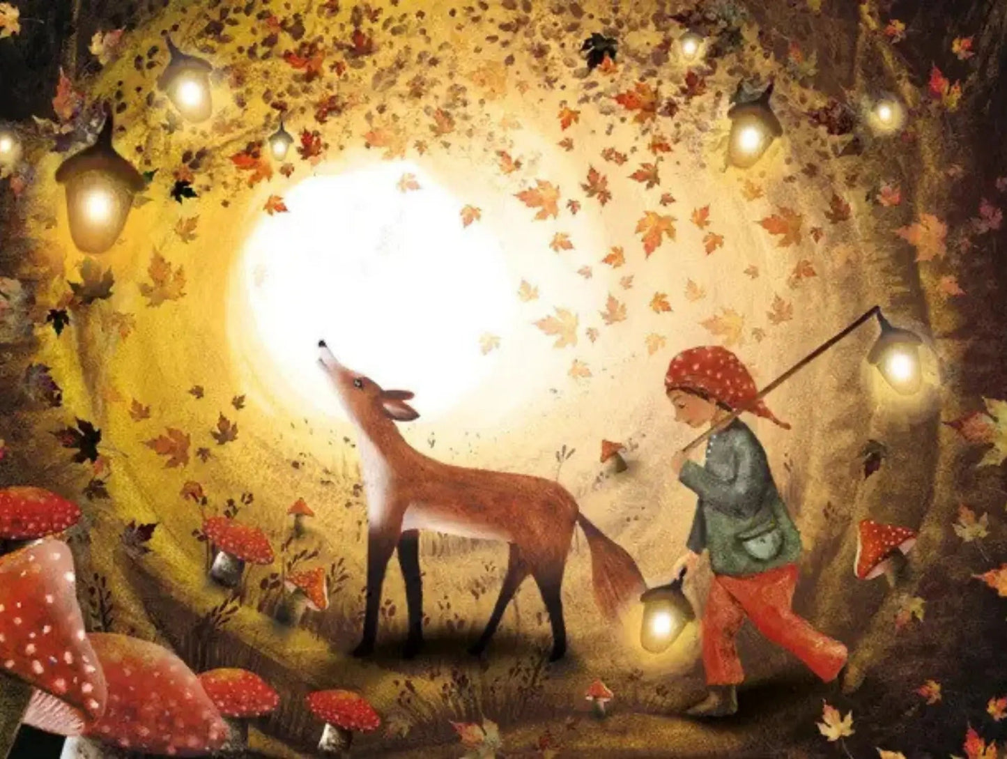 Illustration of a child and a fox in a magical forest with glowing lights and autumn leaves.