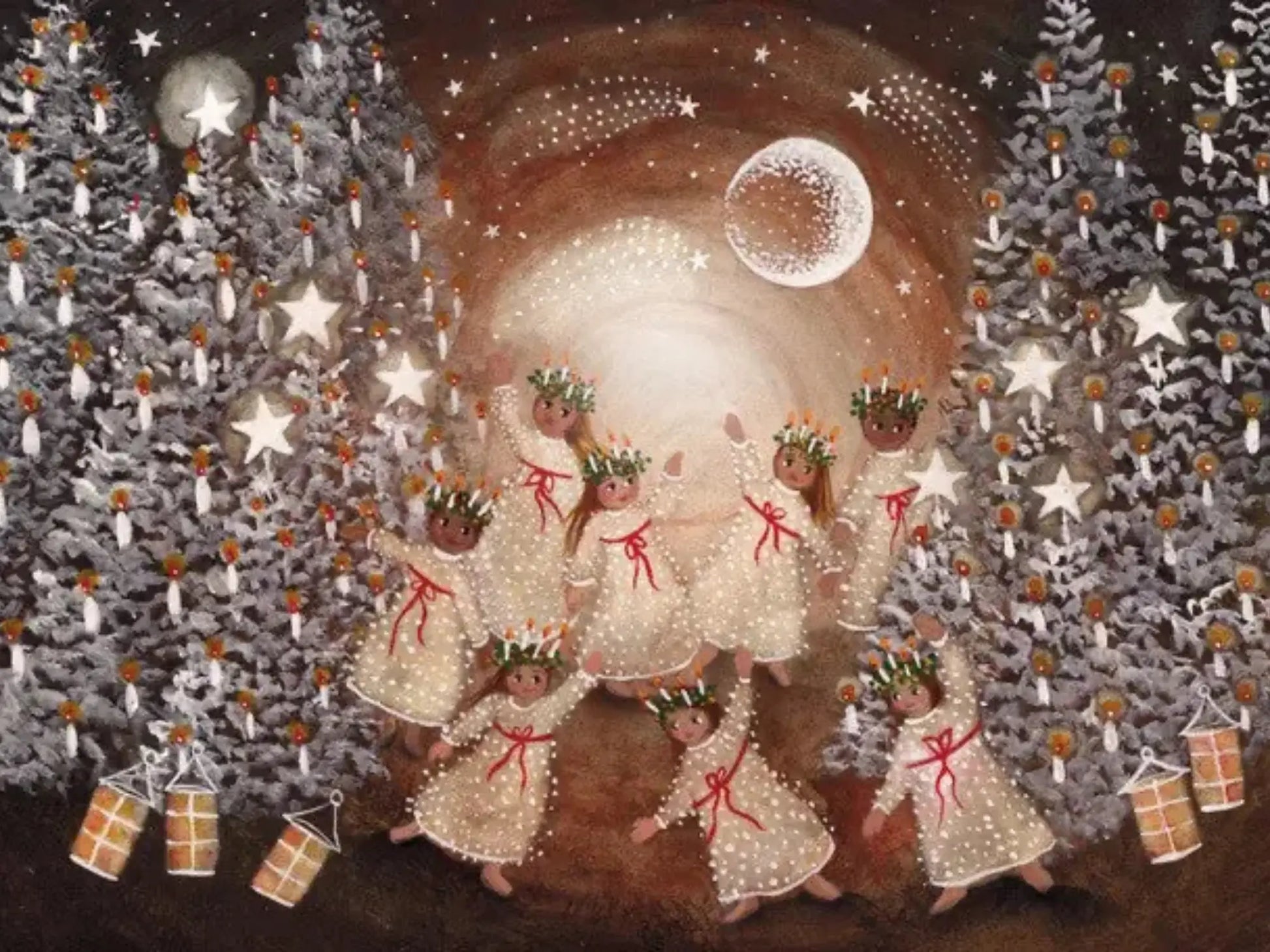 Illustration of girls as Saint Lucia in white dresses with red bows, surrounded by Christmas trees and presents.