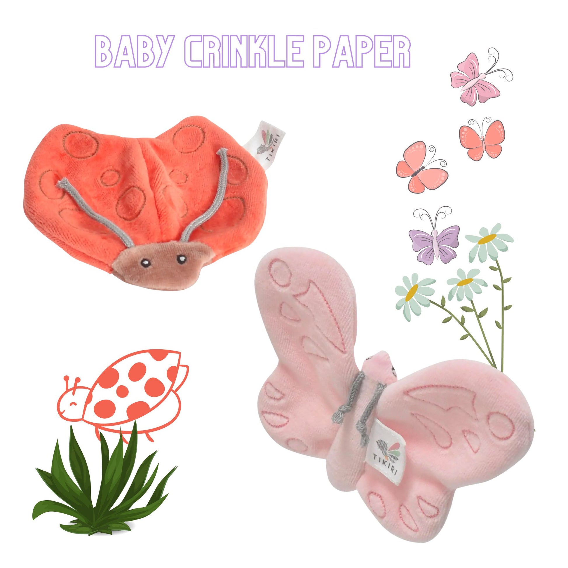 Baby Crinkle Paper - Organic Butterflies & Ladybugs Sensory Paper - Alder & Alouette