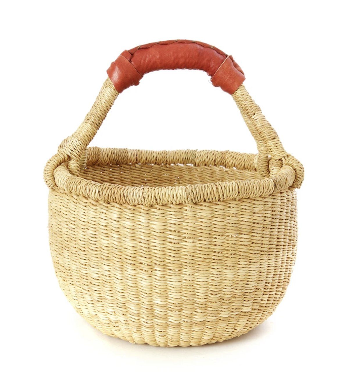 Baby Bolga Basket view with brown leather handle wrap - Alder & Alouette