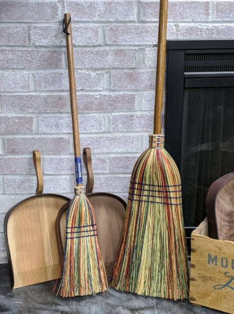 Child’s Broom, Natural Corn Broom next to regular size corn broom - Alder & Alouette