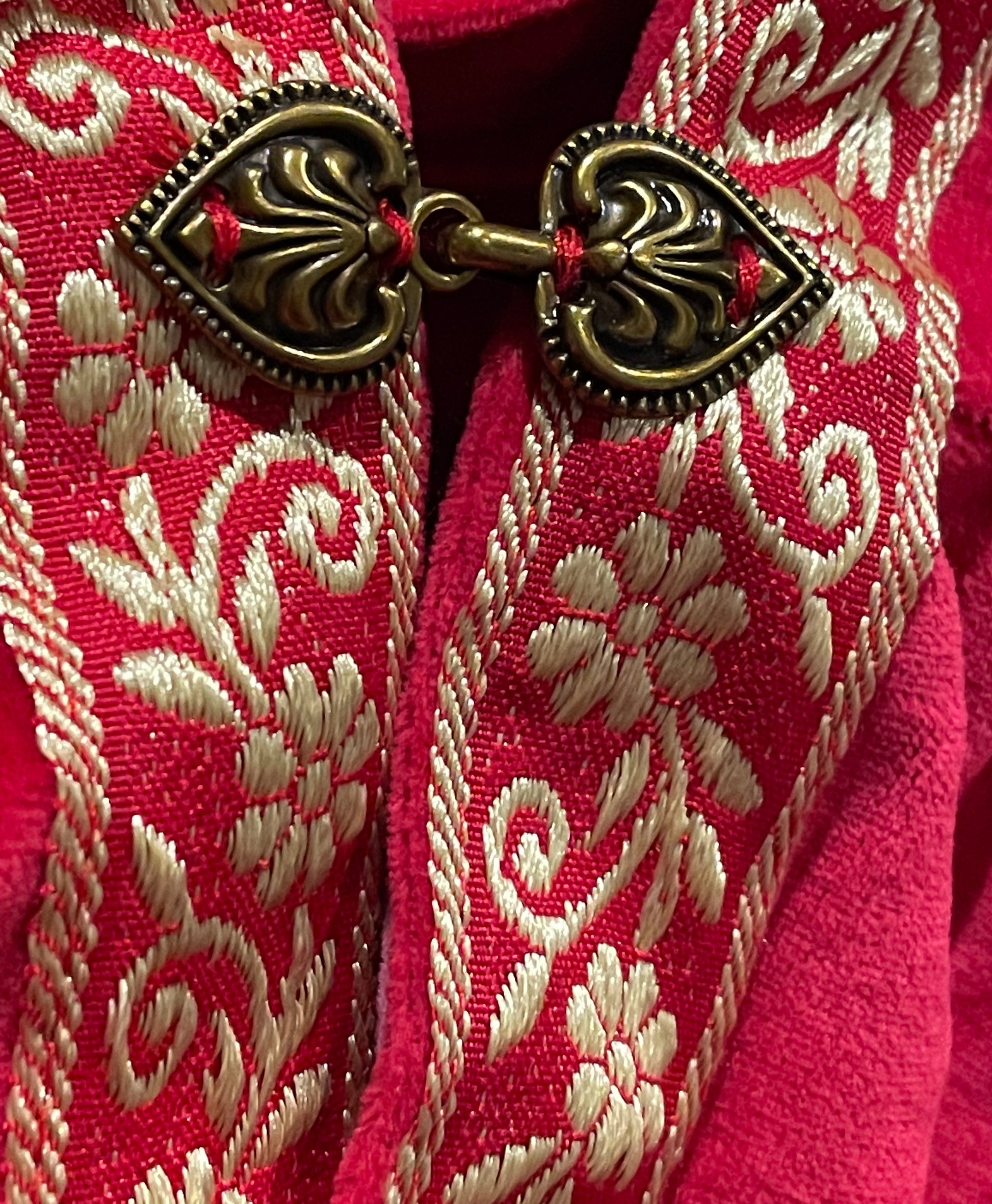 Red Hooded Cape, Jeweled Clasp, Cotton Velour - Alder & Alouette