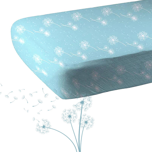 Cotton Muslin Turquoise Crib Sheet with Dandelions - Alder & Alouette