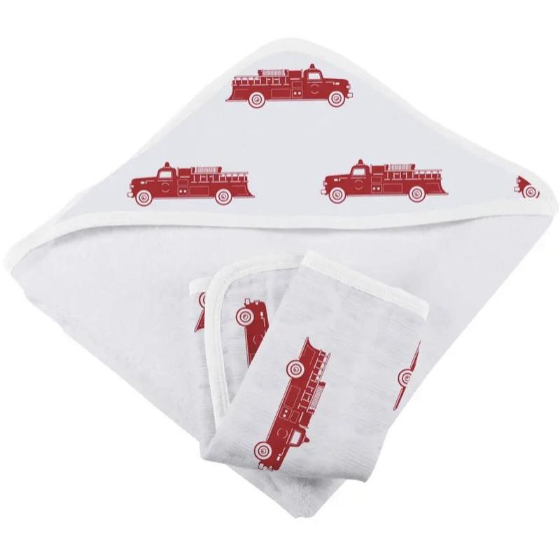 Hooded Towel & Rag Set | Firetruck Themed - Alder and Alouette