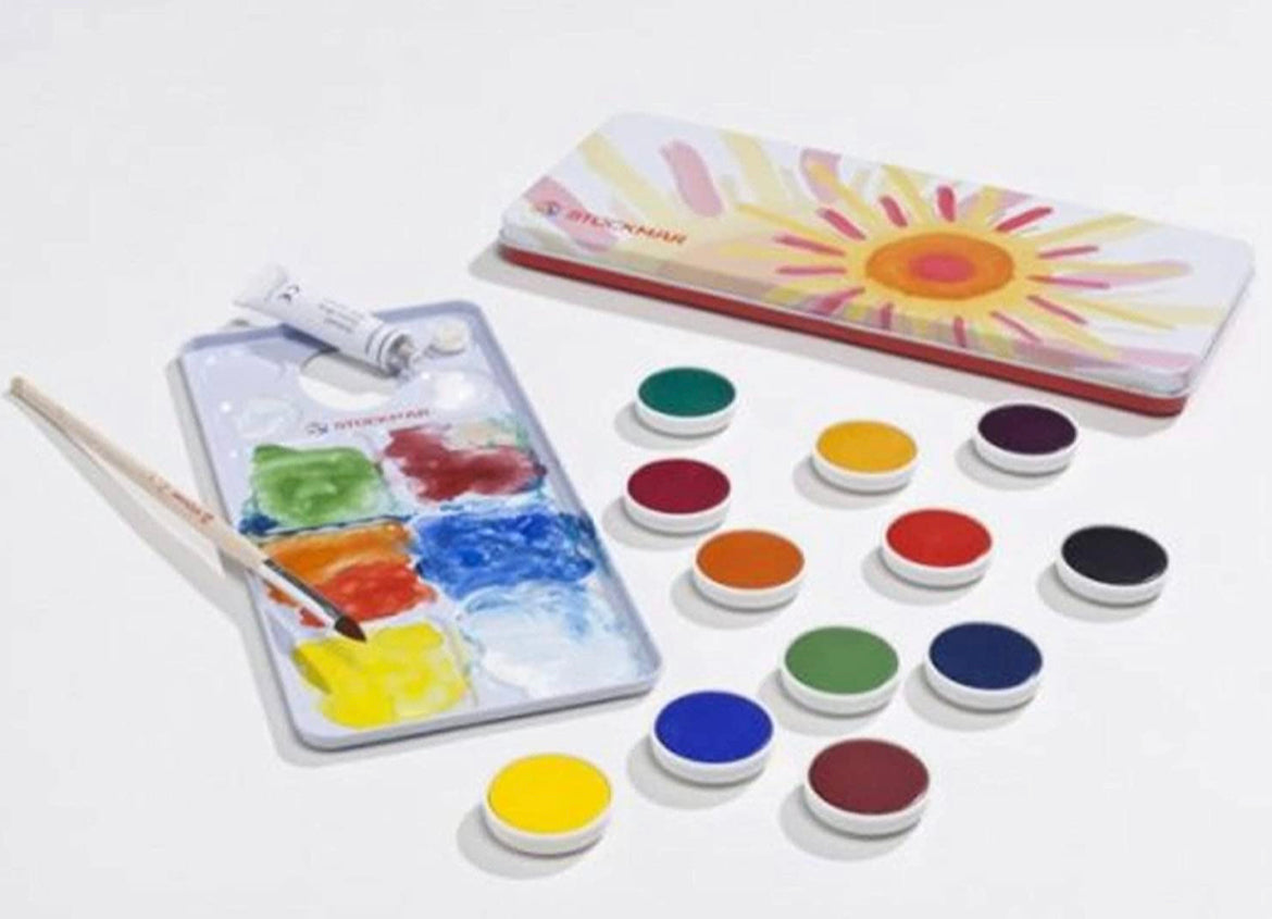 Stockmar Opaque 12 Paint Colors with Palette, brush - Alder & Alouette