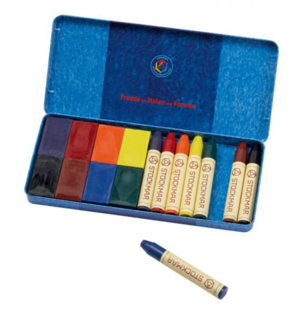 Stockmar Wax Crayons, Combo, Standard Tin Case - 8 Blocks & 8 Sticks, Assorted Block Crayons - Alder & Alouette