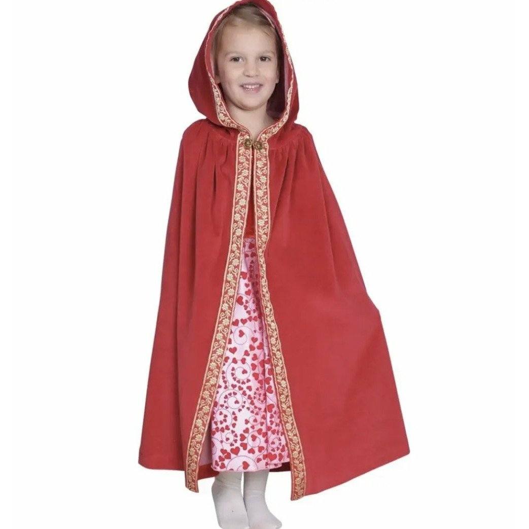 Red Hooded Cape, Jeweled Clasp, Cotton Velour - Alder & Alouette
